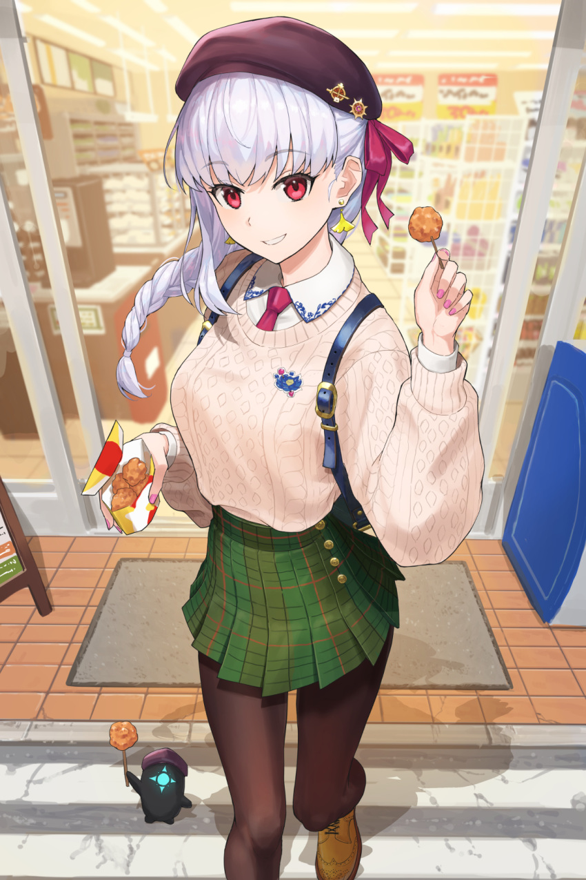1girl asymmetrical_sidelocks badge bag beret black_bag black_headwear blush bow braid breasts brown_footwear brown_pantyhose button_up_skirt chicken_(food) collared_shirt convenience_store crosswalk doormat earrings fate/grand_order fate_(series) food foot_out_of_frame ginkgo_leaf green_skirt grin hair_ribbon hat hat_bow highres holding holding_food jewelry kama_(fate) kamo_ashi large_breasts lawson leaf long_hair long_sleeves looking_at_viewer necktie official_alternate_costume open_door outdoors pantyhose pink_nails plaid plaid_skirt pleated_skirt red_bow red_eyes red_necktie ribbon shelf shirt shop single_braid skirt smile solo standing sweater white_hair white_shirt