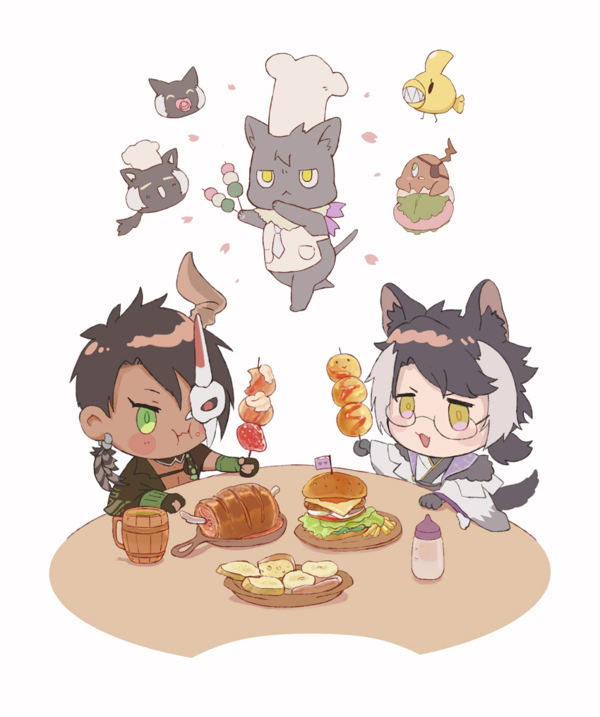 2boys :d :i absurdres animal animal_ears apple apron aragami_oga arm_warmers baby_bottle beer_mug black_gloves black_hair black_kimono blush_stickers boned_meat bottle bread burger capelet cheese chef_hat chibi chungami clothed_animal cup dango dark-skinned_male dark_skin detached_collar earrings eating fang feather_earrings feathers food food_bite food_on_face french_fries fruit fur-trimmed_capelet fur_trim glasses gloves green_eyes grey_cat hadanugi_dousa hair_over_one_eye half_mask hat highres holding holding_skewer holostars horns igote jackal_boy jackal_ears jackal_tail japanese_clothes jewelry kageyama_shien kimono koyama_(kageyama_shien) low_ponytail mafia_(holostars) mask meat medium_hair mug multicolored_hair multiple_boys nakayama_(kageyama_shien) nekoyama_shien official_alternate_costume partially_fingerless_gloves petals plate sakura_mochi sanshoku_dango short_hair simple_background single_horn skewer skin_fang sleepymondays smile strawberry swept_bangs table tail takoyaki two-tone_hair upper_body virtual_youtuber wagashi white_apron white_background white_capelet white_hair white_kimono wide_sleeves yellow_eyes