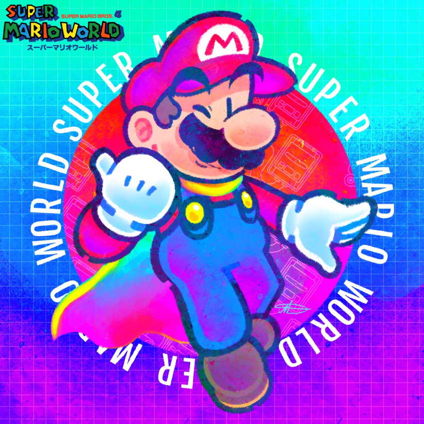 1boy black_eyes blue_overalls brown_footwear buttons cabbie_hat cape chin closed_mouth copyright_name english_commentary facial_hair famicom full_body game_console gloves grid_background hat highres jradical2014 letter long_sleeves mario mario_(series) mustache nintendo one_eye_closed overalls pointing pointing_to_the_side power-up rainbow_background red_circle red_headwear red_shirt shirt shoes smile solid_oval_eyes super_mario_world thick_eyebrows thumb white_gloves yellow_cape