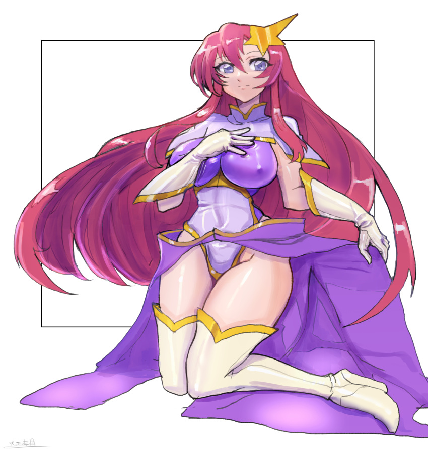 1girl boots cape covered_nipples gloves gundam gundam_seed gundam_seed_destiny hair_between_eyes hair_ornament hand_on_own_chest high_heel_boots high_heels highres impossible_clothes kneeling leotard long_hair long_skirt looking_at_viewer meer_campbell oomasa_teikoku pink_hair purple_cape purple_eyes purple_leotard purple_skirt skin_tight skirt smile solo star_(symbol) star_hair_ornament thigh_boots very_long_hair white_background white_footwear white_gloves