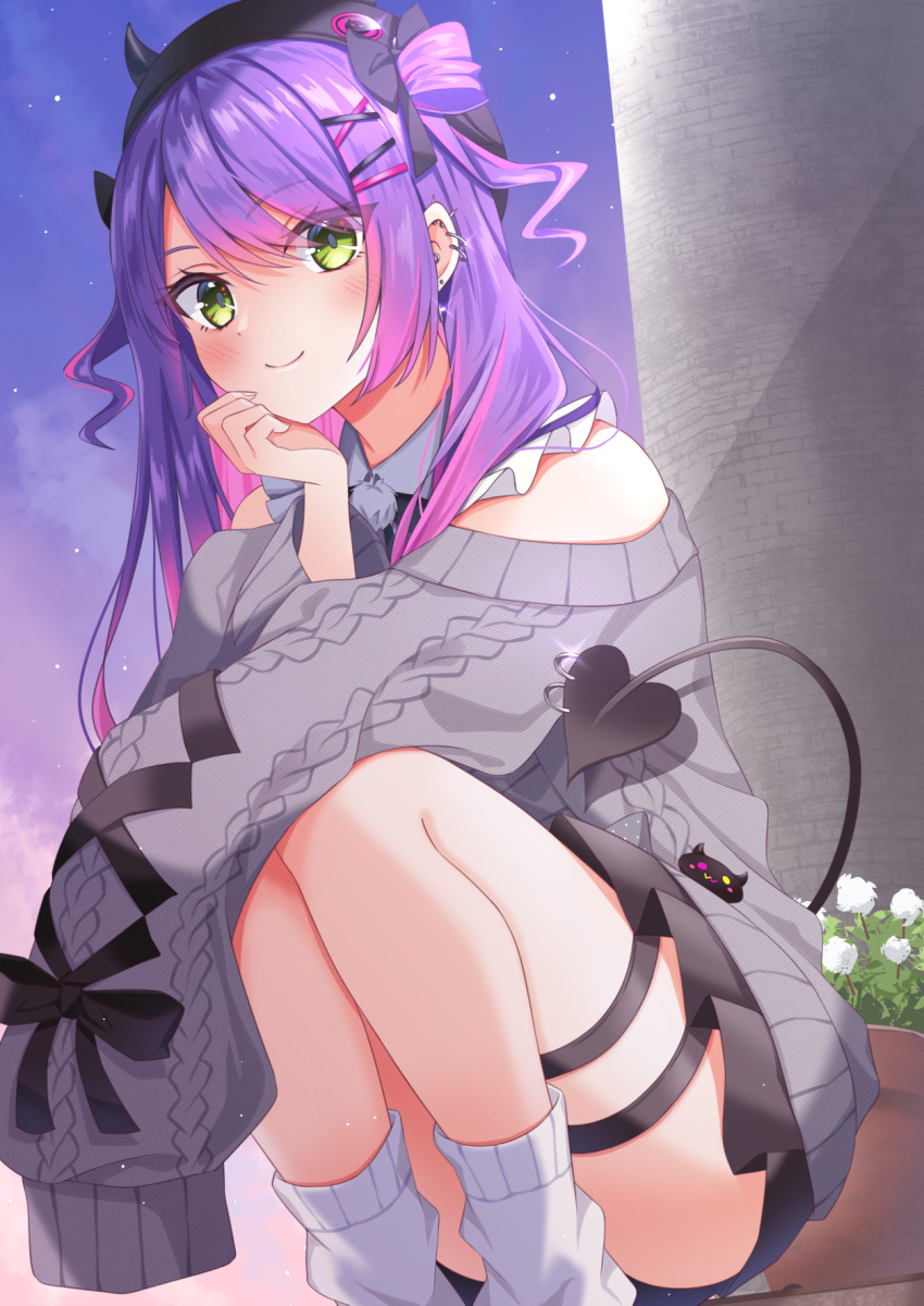 1girl bare_shoulders black_headwear black_skirt colored_inner_hair demon_tail divergenceok ear_piercing green_eyes hair_ornament highres hololive horns looking_at_viewer multicolored_hair official_alternate_costume piercing pink_eyes purple_hair skirt sleeves_past_fingers sleeves_past_wrists socks streaked_hair sweater tail tail_ornament tail_piercing tokoyami_towa tokoyami_towa_(jirai_kei) virtual_youtuber white_socks x_hair_ornament