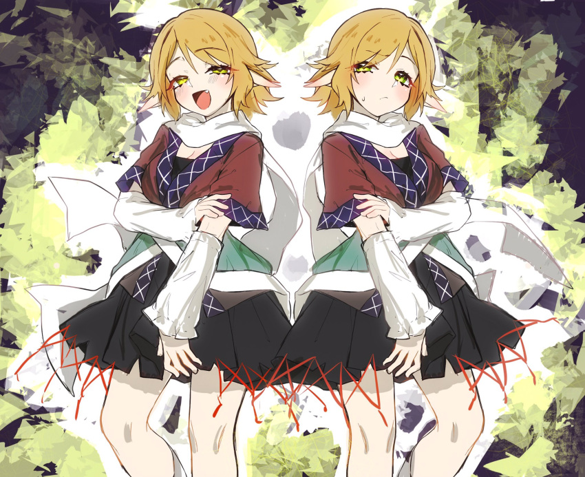 2girls :/ :d arm_warmers black_skirt blonde_hair blush breasts brown_jacket cleavage commentary_request dual_persona fang green_eyes half_updo highres holding_own_arm jacket lace-trimmed_skirt lace_trim medium_breasts mizuhashi_parsee multiple_girls open_mouth pleated_skirt pointy_ears sakuratsuki scarf short_hair short_sleeves skirt smile sweatdrop touhou white_scarf