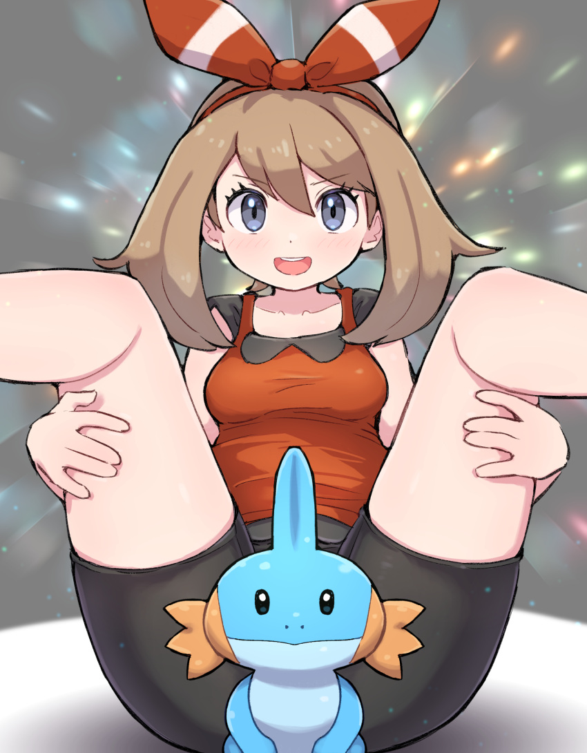 1girl :d bike_shorts bow_hairband breasts brown_hair commentary_request convenient_censoring eyelashes grey_eyes hairband highres kutabireta_neko leg_hold looking_at_viewer may_(pokemon) mudkip open_mouth pokemon pokemon_(creature) pokemon_(game) pokemon_oras shirt sleeveless sleeveless_shirt smile teeth tongue upper_teeth_only