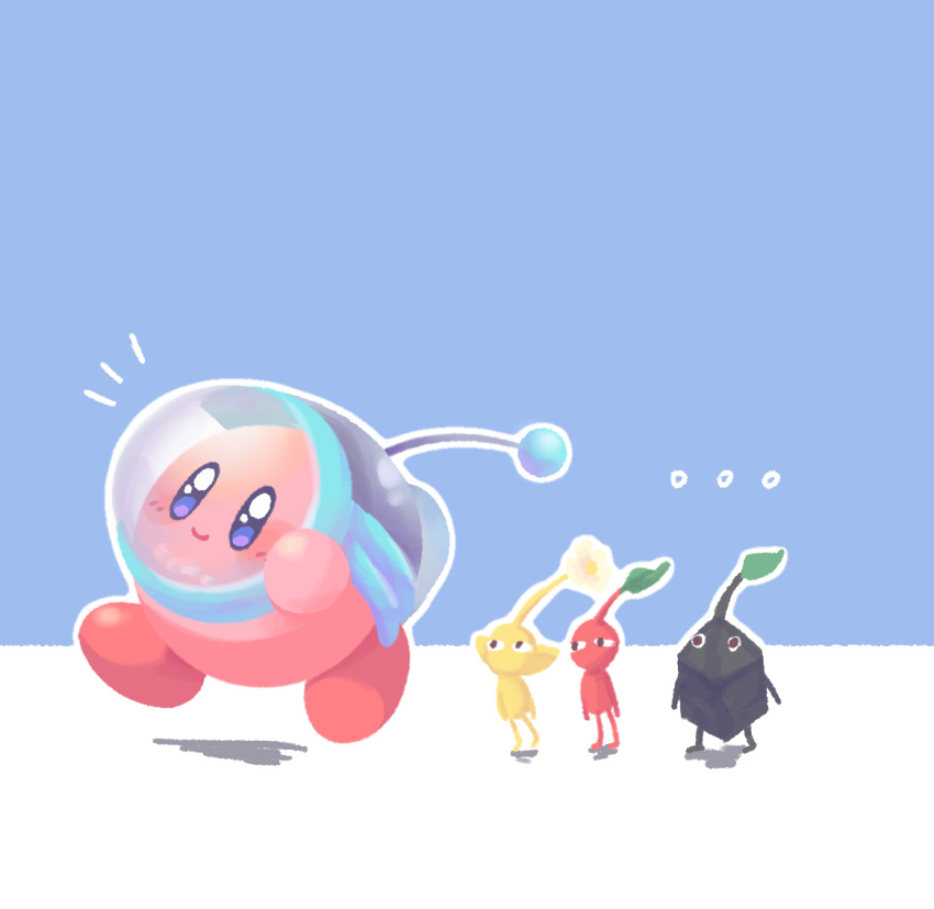 ... 1other black_eyes black_skin blue_background blue_eyes blush_stickers closed_mouth colored_skin flower helmet jumping kirby kirby_(series) leaf notice_lines pikmin_(creature) pikmin_(series) pink_skin pointy_ears radio_antenna red_footwear red_pikmin red_skirt rock rock_pikmin shadow skirt smile smmg3 space_helmet two-tone_background white_background white_flower yellow_pikmin yellow_skin