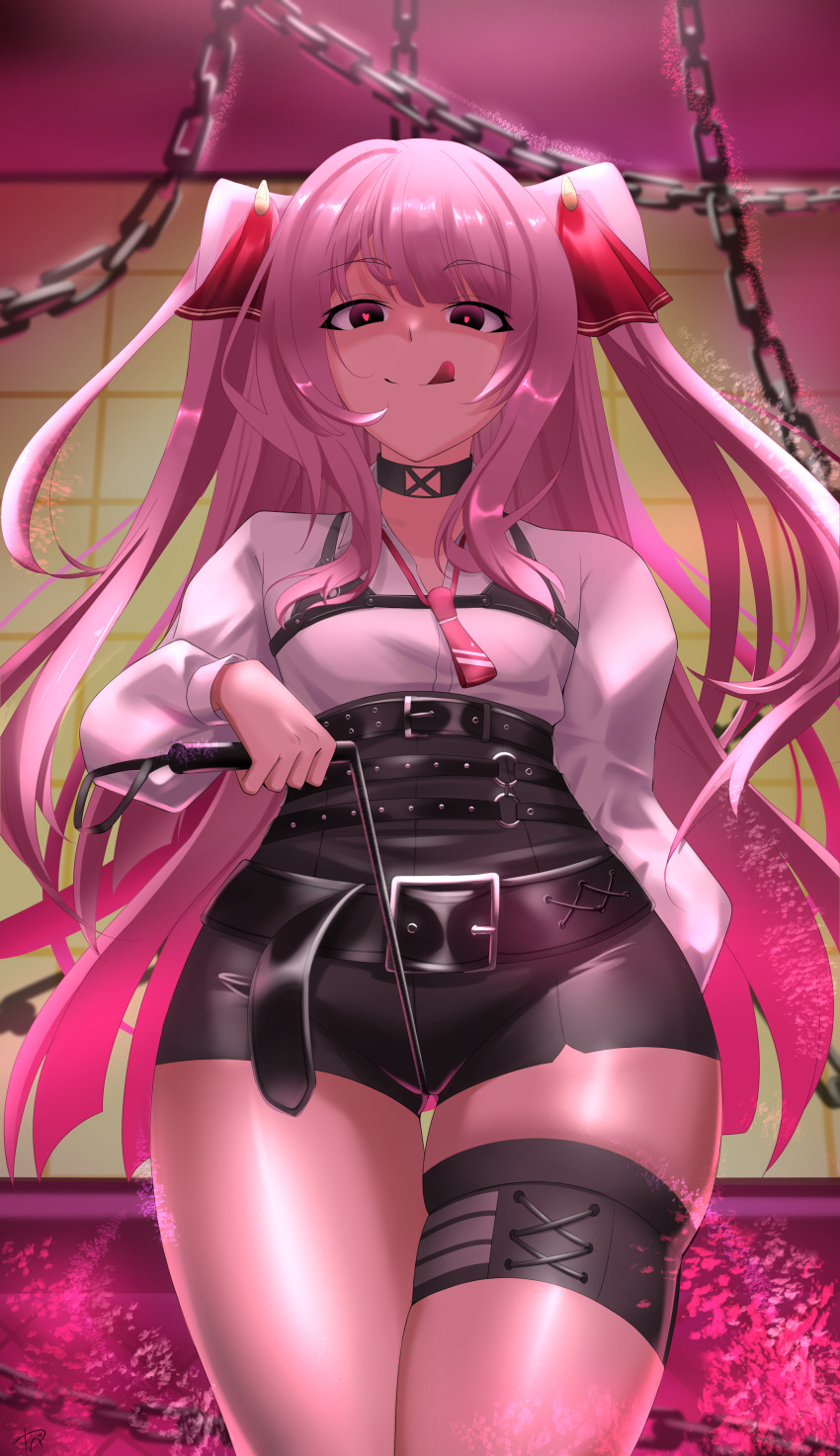 1girl :d absurdres belt black_gloves gloves goddess_of_victory:_nikke highres holding holding_whip long_hair looking_at_viewer necktie open_mouth pink_hair purple_eyes shorts simple_background single_glove smile solo teeth thigh_strap user_eehe7252 whip white_background yuni_(nikke)