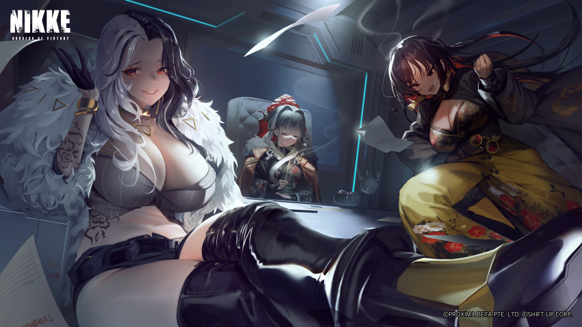 3girls absurdres black_hair boots breasts cleavage closed_eyes feet_on_table goddess_of_victory:_nikke hair_intakes highres indoors japanese_clothes kaede_(sayappa) kimono large_breasts looking_at_viewer moran_(nikke) multicolored_hair multiple_girls official_art open_mouth red_eyes red_hair rosanna_(nikke) sakura_(nikke) sarashi scarf second-party_source short_shorts shorts sitting smile split-color_hair teeth white_hair