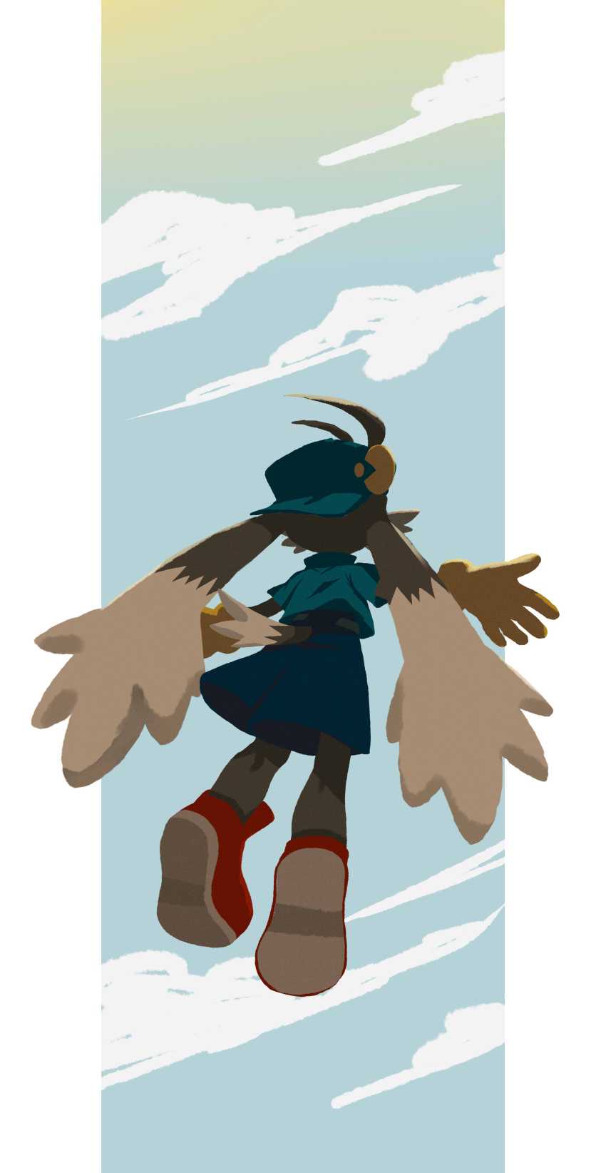 1boy absurdres blue_headwear blue_shirt blue_shorts blue_sky furry furry_male gloves highres kaze_no_klonoa klonoa pac-man red_footwear shirt shorts sky solo touyama_sairi yellow_gloves