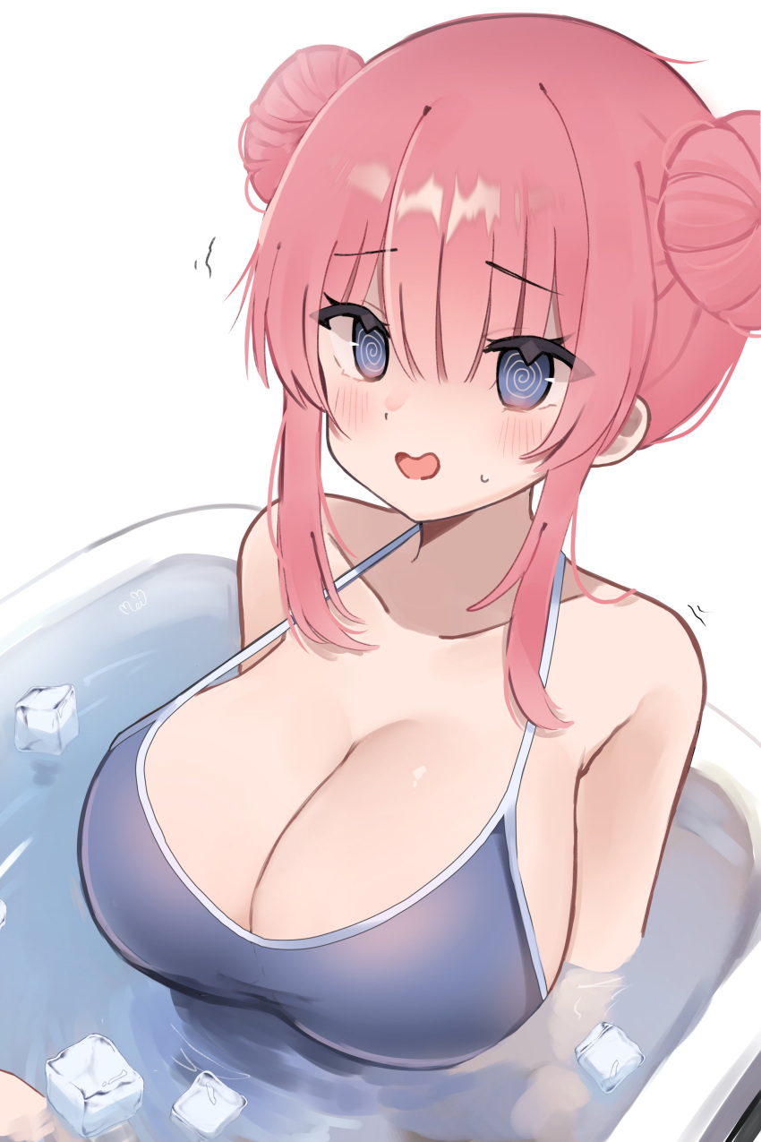 1girl @_@ absurdres artist_name bare_shoulders bathtub blue_eyes blue_one-piece_swimsuit blush bocchi_the_rock! breasts cleavage collarbone double_bun english_commentary gotoh_hitori hair_between_eyes hair_bun highres huge_breasts ice ice_cube meiwowowo nervous_smile one-piece_swimsuit open_mouth pink_hair signature simple_background smile solo sweatdrop swimsuit trembling water white_background