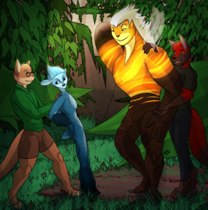 anthro blaze_wolf blind_date canid canine canis darknesshaven domestic_cat eyewear felid feline felis glasses group hands_behind_head hi_res jesse_cat male male/male mammal meeting mune:_guardian_of_the_moon mune_(guardian_of_the_moon) pushing sohone surprise uncertain wolf