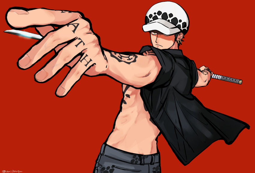 1boy alternate_costume ani3nrtm arm_tattoo black_hair black_shirt closed_mouth denim dots earrings finger_tattoo hands_up hat hat_over_one_eye highres holding holding_sword holding_weapon jeans jewelry male_focus one_piece open_clothes open_shirt outstretched_arm pants red_background shade shirt short_hair short_sleeves solo sword tattoo trafalgar_law weapon yellow_eyes