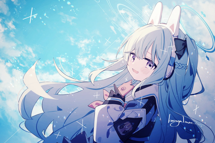 1girl animal_ears black_gloves blue_archive blue_halo blush braid cellphone crown_braid fake_animal_ears gloves grey_hair halo highres holding holding_phone kasuga_haruhi long_hair long_sleeves looking_at_viewer miyako_(blue_archive) open_mouth phone purple_eyes rabbit_ears signature smartphone smile solo upper_body