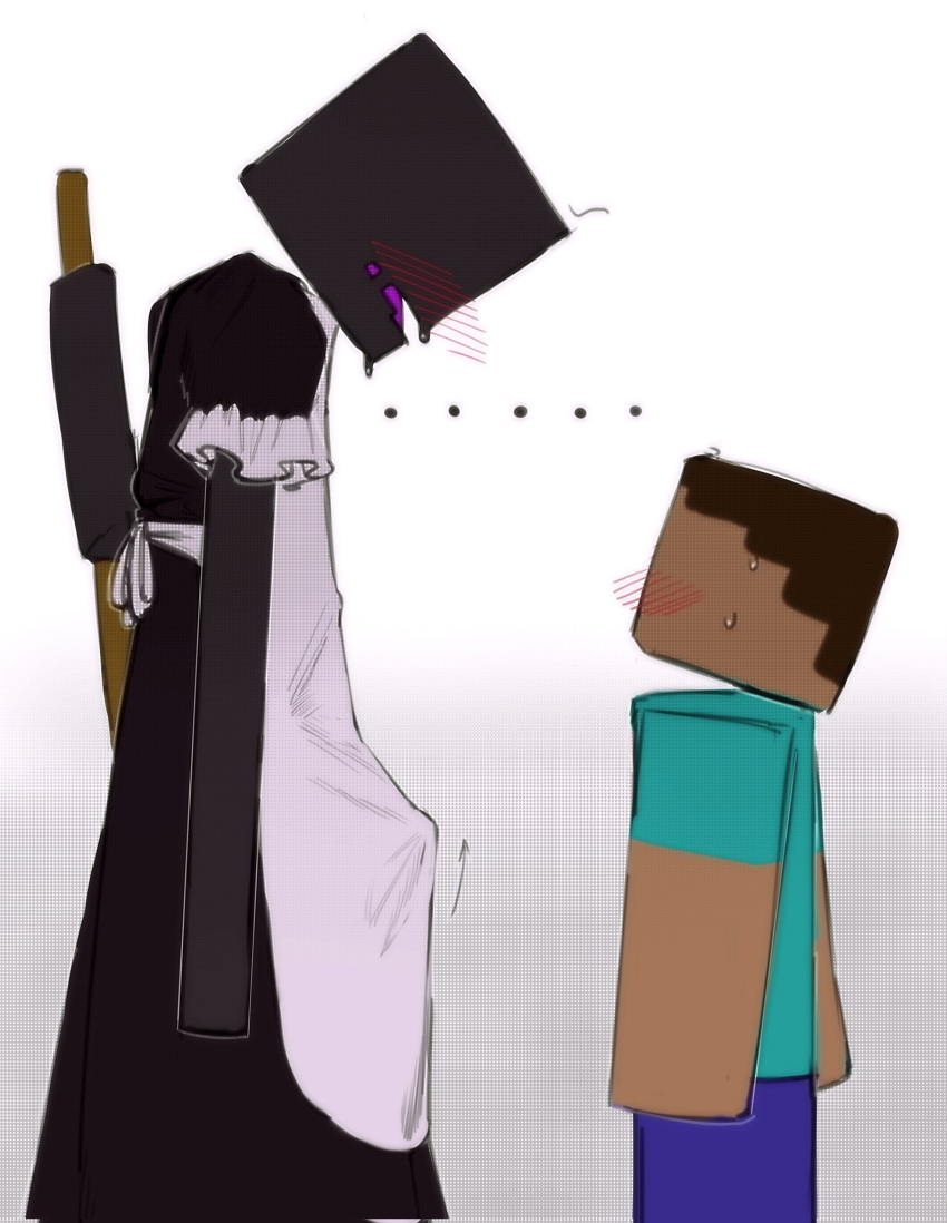 2023 blush broom cleaning_tool clothed clothing duo enderman erection erection_under_clothing eye_contact hi_res holding_broom holding_cleaning_tool holding_object human kogito looking_at_another looking_down maid_uniform male mammal microsoft minecraft mojang open_mouth standing steve_(minecraft) tenting uniform xbox_game_studios