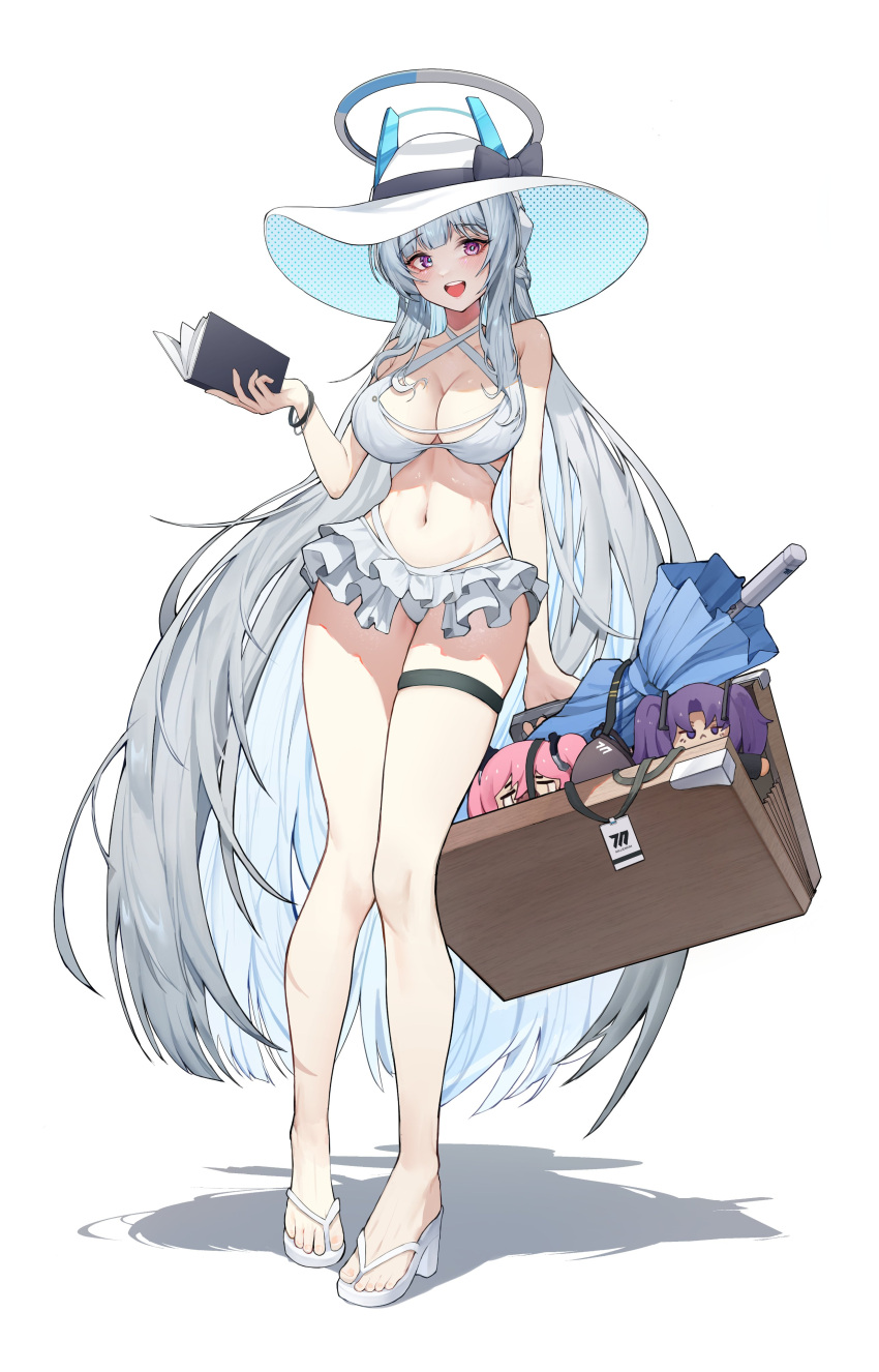 1girl absurdres alternate_costume bare_shoulders bikini bikini_skirt blue_archive book breasts cleavage collarbone contrapposto criss-cross_halter dithering feet frilled_bikini frills full_body grey_hair halo halterneck hat headphones high_heels highres holding holding_book josal large_breasts legs long_hair looking_at_viewer mechanical_ears mechanical_halo navel noa_(blue_archive) open_mouth purple_eyes sandals sidelocks simple_background smile solo standing stomach suitcase sun_hat swimsuit thigh_strap toenails toes very_long_hair white_background white_bikini white_footwear white_hair white_headwear