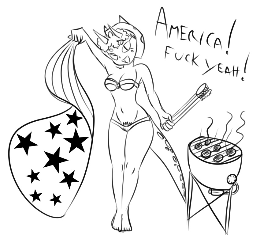 2023 3_horns anthro barbecue black_and_white breasts burger ceratopsian cleavage clothed clothing dialogue dinosaur english_text feet female fingers food frill_(anatomy) goodbye_volcano_high grill hair hi_res horn long_tail monochrome multi_horn open_mouth ornithischian profanity pubes reptile scalie short_hair skimpy skimpy_bikini smile snoot_game solo stars_and_stripes tail text toes tongs tools topwear triceratops trish_(gvh) tube_top united_states_of_america unknown_artist v-cut