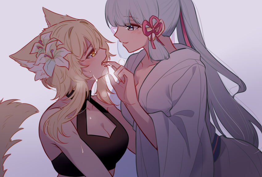 2girls animal_ear_fluff animal_ears black_bra blonde_hair blue_eyes blunt_bangs blunt_tresses blush bra breasts cleavage cleavage_cutout clothing_cutout collarbone commentary eye_contact fang finger_in_another's_mouth flower fox_ears fox_tail genshin_impact gradient_background grey_hair hair_between_eyes hair_flower hair_ornament halterneck highres japanese_clothes kamisato_ayaka kimono large_breasts long_hair long_sleeves looking_at_another lumine_(genshin_impact) medium_breasts mole mole_under_eye multiple_girls open_mouth ponytail saliva short_hair short_hair_with_long_locks smile tail teeth tongue underwear white_kimono wide_sleeves yellow_eyes yuri yuutama2804