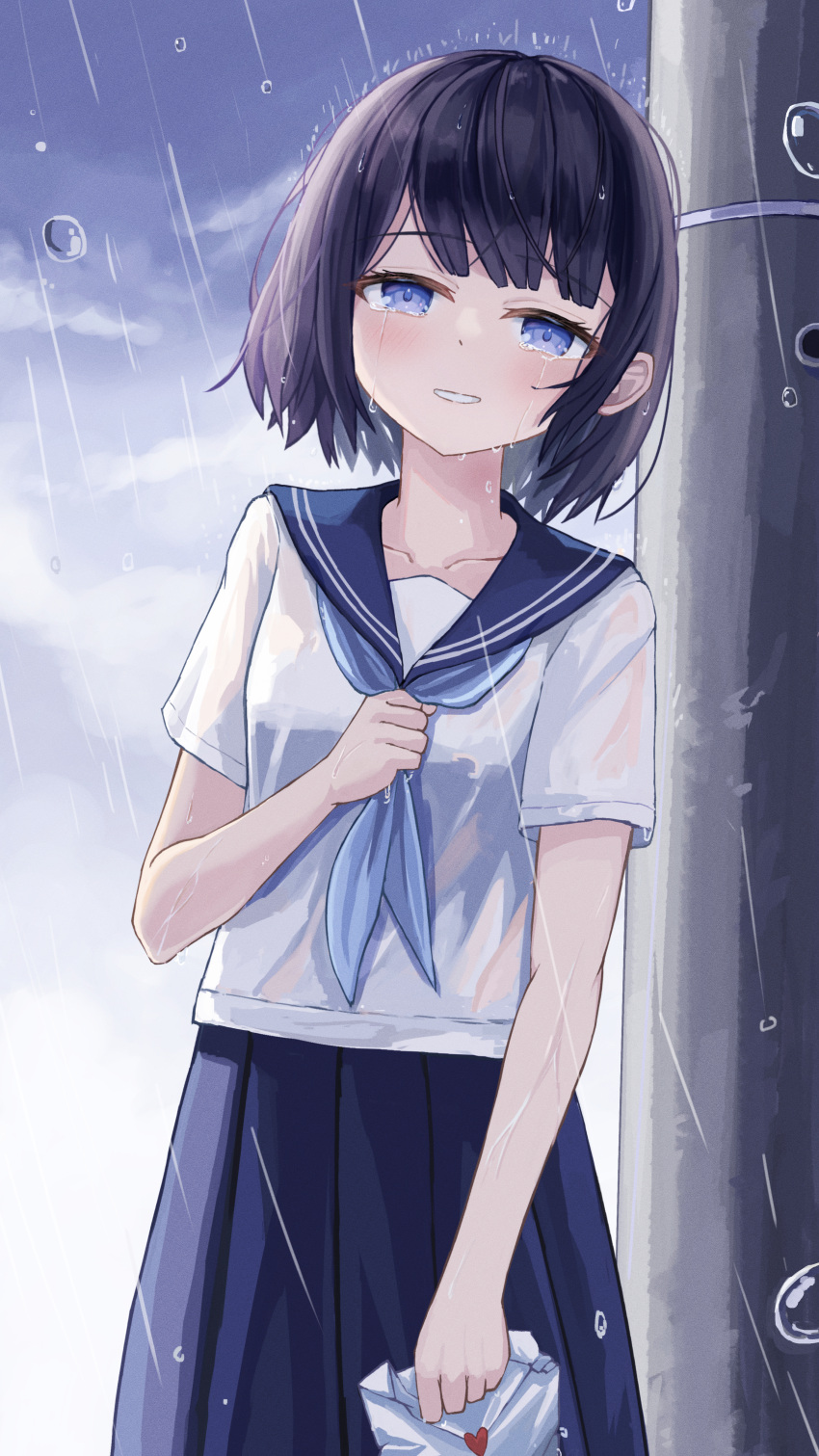 1girl absurdres black_hair blue_eyes blue_neckerchief blue_sailor_collar blue_skirt blunt_bangs collarbone commentary_request commission cowboy_shot crying crying_with_eyes_open enokitake highres holding holding_letter letter love_letter neckerchief original outdoors parted_lips pixiv_commission rain sailor_collar school_uniform see-through serafuku short_hair short_sleeves skirt solo standing summer_uniform tears utility_pole wet wet_clothes