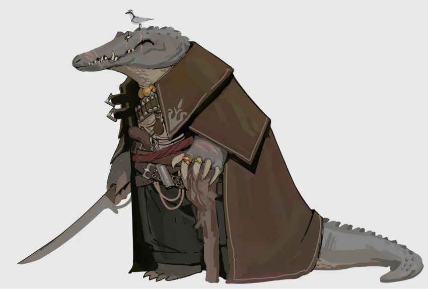 alligator alligatorid ambiguous_gender anthro avian belt biped bird blind_eye brown_clothing bullet claws clothing crocodilian feral grey_body grey_scales gun jacket melee_weapon pirate ranged_weapon reptile ring ryan_pallett scales scalie scar sharp_teeth simple_background solo solo_focus standing sword tail teeth three-quarter_view topwear walking_stick weapon white_background