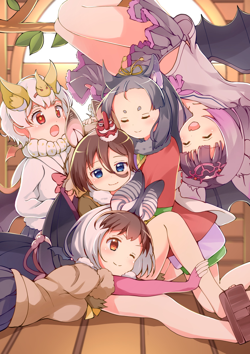 5girls :o ;) ^_^ absurdres animal_ears bare_legs bat_ears bat_girl bat_wings blue_eyes blurry blurry_background bow bowtie branch brown_eyes brown_hair brown_long-eared_bat_(kemono_friends) closed_eyes closed_mouth collarbone common_vampire_bat_(kemono_friends) elbow_gloves extra_ears fang fingerless_gloves forehead fraternal_myotis_(kemono_friends) fur-trimmed_sleeves fur_collar fur_trim geta gloves grey_hair group_hug group_picture group_profile hair_between_eyes hanging highres hilgendorf's_tube-nose_bat_(kemono_friends) honduran_white_bat_(kemono_friends) hug impossible_hair indoors japanese_clothes kemono_friends kimono knee_up long_hair long_sleeves looking_at_another looking_at_viewer mask mask_on_head midriff_peek multicolored_hair multiple_girls one_eye_closed open_mouth outstretched_arm outstretched_leg parted_bangs pink_hair pleated_skirt profile red_bow red_bowtie red_eyes sailor_collar shirt short-sleeved_sweater short_sleeves sitting skin_fang skirt smile stomach sweater tengu-geta tengu_mask two-tone_hair upside-down user_cpmk8242 white_hair window wings