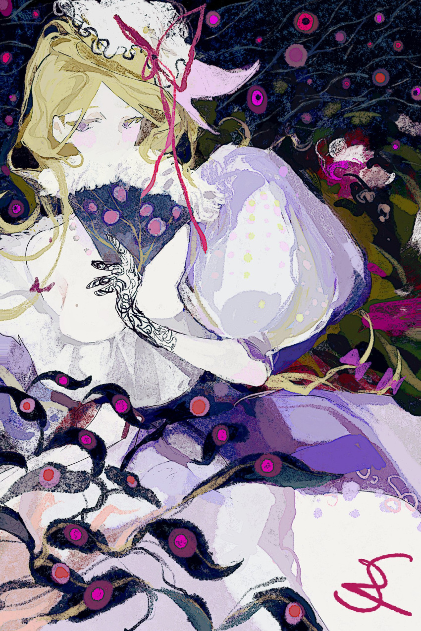 abstract_background black_gloves blonde_hair blush_stickers bow commentary dress eyes_in_shadow fan_to_mouth fluffy_fan folding_fan gap_(touhou) gloves hand_fan hat hat_ribbon highres holding holding_fan long_hair mob_cap oil_painting_(medium) painting_(medium) puffy_short_sleeves puffy_sleeves purple_bow purple_dress purple_eyes red_ribbon ribbon short_sleeves sidelocks signature surreal syzpupu touhou traditional_media very_long_hair white_dress white_headwear yakumo_yukari