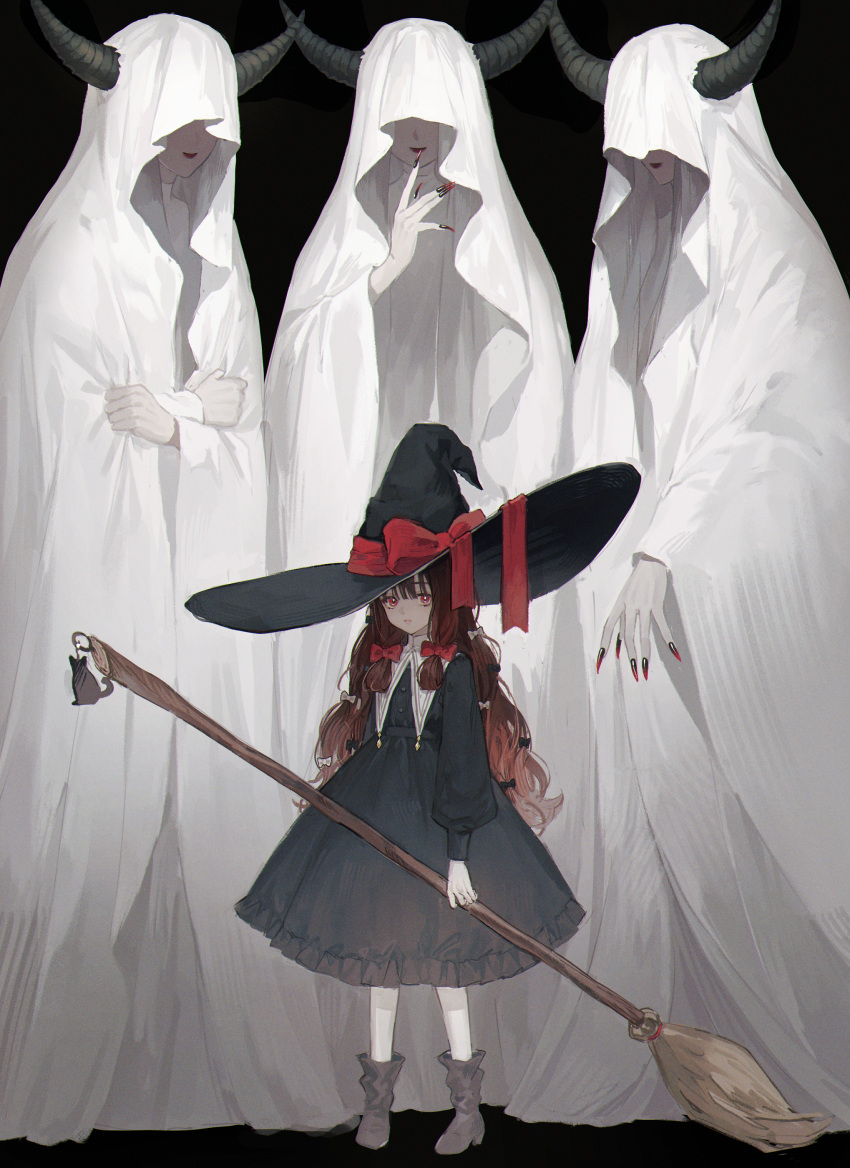 4girls absurdres black_dress bow broom brown_hair dress full_body hair_bow hat hat_ribbon height_difference highres hood hood_up hooded_robe horns_through_hood kotobuki_nashiko long_hair multiple_girls original red_eyes ribbon robe shoes white_robe witch witch_hat