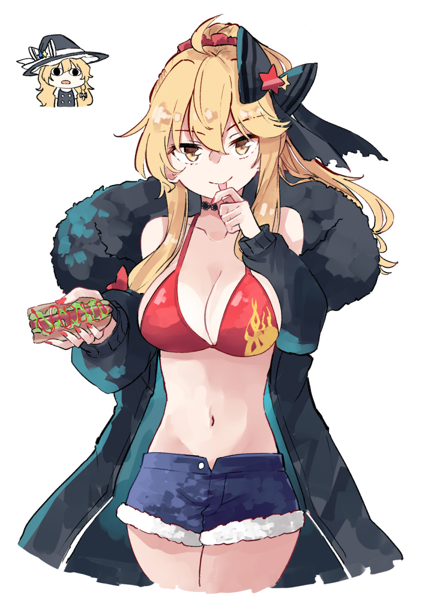 2girls ahoge bikini black_coat black_headwear blonde_hair blue_shorts bow breasts cleavage closed_mouth coat collarbone cropped_legs deetamu dual_persona fingernails food fur-trimmed_coat fur_trim hair_between_eyes hat hat_bow highres holding holding_food kirisame_marisa large_breasts long_hair looking_at_viewer multiple_girls nail_polish open_clothes open_coat open_fly red_bikini red_nails shorts smile swimsuit tongue tongue_out touhou touhou_lost_word white_bow witch_hat yellow_eyes