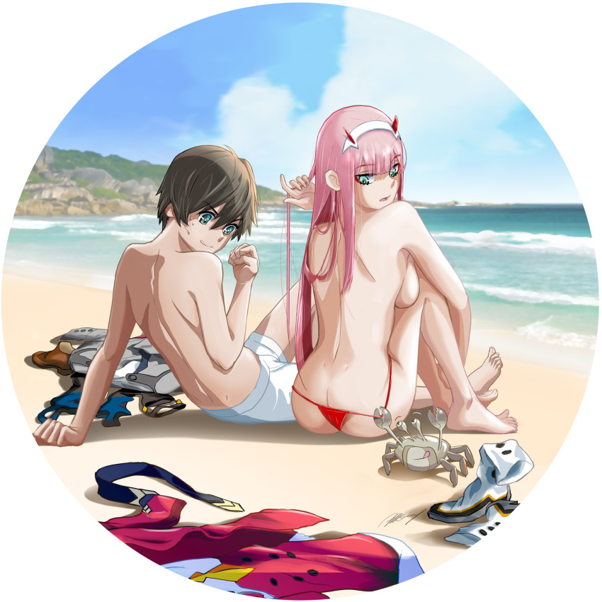 1boy 1girl albyee alternate_costume aqua_eyes arm_support ass back barefoot beach bikini bikini_bottom_only blue_eyes blue_necktie blue_sky blunt_bangs breasts brown_hair clenched_hand cloud cloudy_sky commentary couple crab darling_in_the_franxx day english_commentary feet full_body hairband hand_up highres hiro_(darling_in_the_franxx) horns knees_up leaning_back legs long_hair looking_at_another looking_back male_swimwear medium_breasts necktie necktie_removed ocean oni_horns open_mouth outdoors pink_hair red_bikini red_shirt shadow shirt shoes shoes_removed short_hair shorts sideboob signature sitting sky swim_trunks swimsuit toenails toes topless white_shorts zero_two_(darling_in_the_franxx)