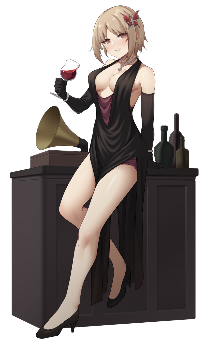 1girl absurdres act_(xadachit) black_dress black_footwear black_gloves blonde_hair bottle bracelet breasts brown_eyes butterfly_hair_ornament commission cross cup desk dress drinking_glass elbow_gloves full_body girls'_frontline gloves hair_ornament head_tilt high_heels highres holding holding_cup iron_cross jewelry large_breasts leaning_on_object medium_hair mp40_(girls'_frontline) necklace non-web_source phonograph plunging_neckline red_wine sideboob simple_background solo thighs white_background wine_glass