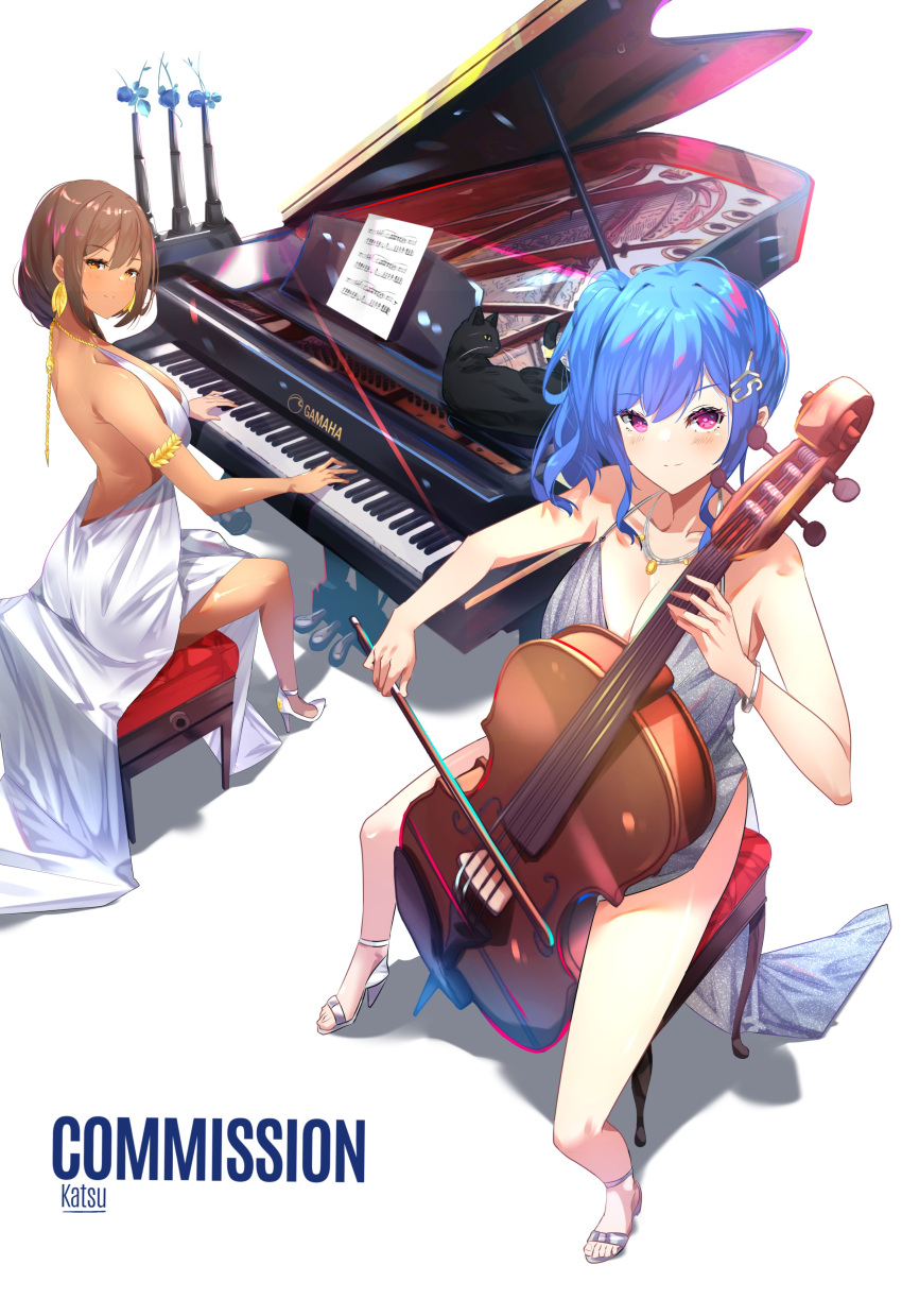 2girls absurdres artist_name azur_lane backless_outfit bare_legs brand_name_imitation breasts cello cleavage clip_studio_paint_(medium) commission dress evening_gown high_heels highres instrument katsuu large_breasts legs looking_at_viewer multiple_girls music official_alternate_costume piano playing_instrument revealing_clothes sheet_music simple_background sitting south_dakota_(azur_lane) south_dakota_(solo_concert)_(azur_lane) st._louis_(azur_lane) st._louis_(luxurious_wheels)_(azur_lane) stool strappy_heels white_background yamaha