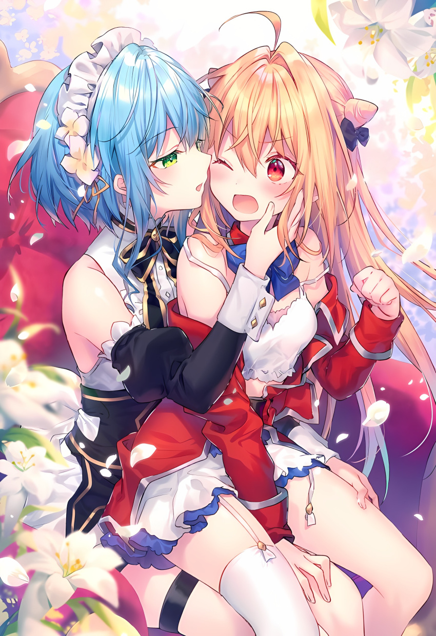 2girls absurdres ahoge blonde_hair blue_hair breasts clothes_removed couch fang flower green_eyes hand_on_another's_head hand_on_another's_thigh highres hikikomari_kyuuketsuki_no_monmon huge_breasts lily_(flower) long_hair looking_at_another maid md5_mismatch military military_uniform multiple_girls official_art one_eye_closed open_mouth red_eyes resized resolution_mismatch riichu short_hair sitting small_breasts source_smaller terakomari_gandezblood thighhighs uniform upscaled villhaze yuri