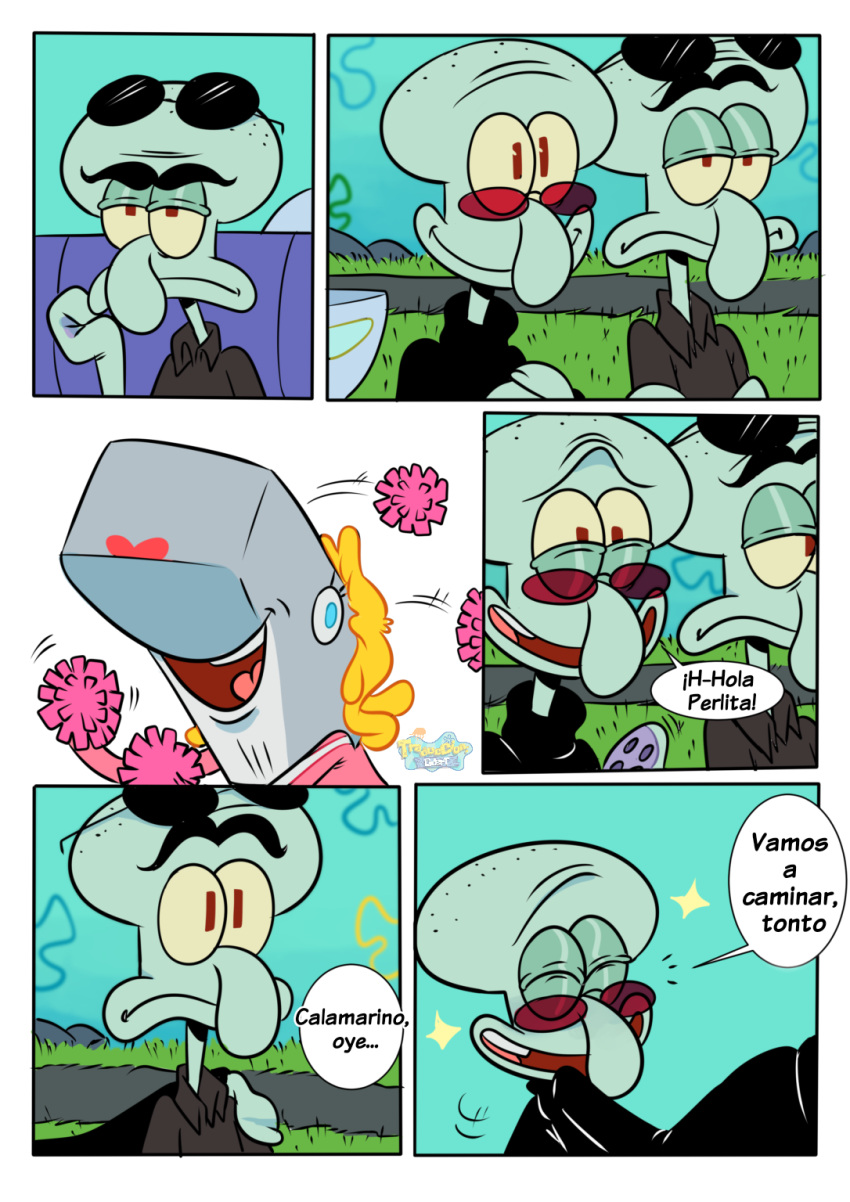 anthro cephalopod cetacean cheerleader coleoid comic detailed_background dialogue female group hi_res male mammal marine mollusk nickelodeon octopodiform octopus on_model pancaketiffy pearl_krabs smile spanish_text speech_bubble spongebob_squarepants squidward_tentacles squilliam_fancyson text toony trio