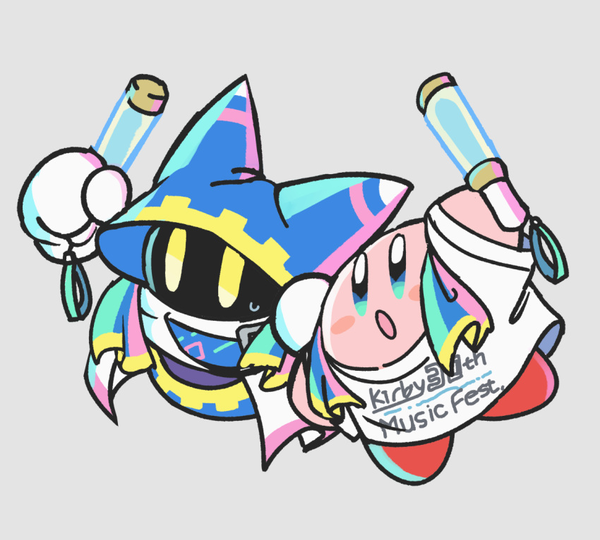 blush_stickers colored_skin disembodied_limb gloves grey_background holding_glowstick kirby kirby_(series) kirby_30th_anniversary_music_festival magolor ni_re no_humans open_mouth pink_skin shirt simple_background solid_oval_eyes white_shirt