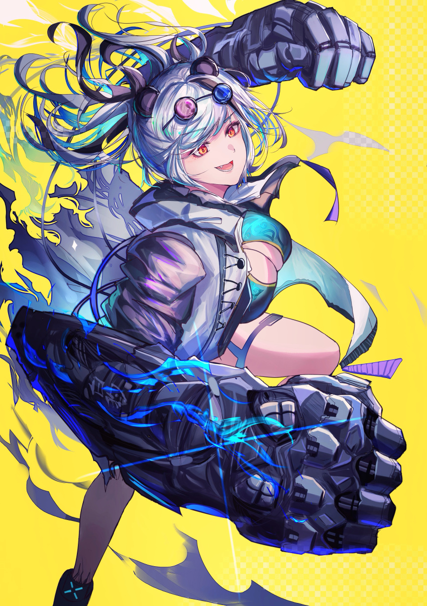 1girl :d absurdres animal_ears arknights arm_up black-framed_eyewear blue-tinted_eyewear blue_dress breasts cleavage cleavage_cutout clothing_cutout commentary_request dress eyewear_on_head feater_(arknights) grey_hair highres jacket large_breasts open_clothes open_jacket power_fist red-tinted_eyewear red_eyes round_eyewear smile solo sunglasses tinted_eyewear torn_clothes torn_jacket vexki- white_jacket yellow_background