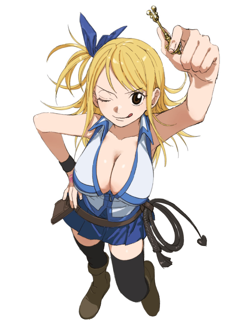 1girl :p arm_up bare_shoulders belt belt_bag black_thighhighs blonde_hair blue_ribbon blue_skirt boots breasts brown_belt brown_eyes brown_footwear cleavage collarbone collared_shirt fairy_tail from_above full_body hair_ribbon hand_on_own_hip hand_tattoo highres holding holding_key key large_breasts long_hair looking_at_viewer lucy_heartfilia one_eye_closed pleated_skirt ribbon shirt skirt sleeveless sleeveless_shirt solo tattoo thighhighs tongue tongue_out urasanmyaku whip white_background wristband zettai_ryouiki