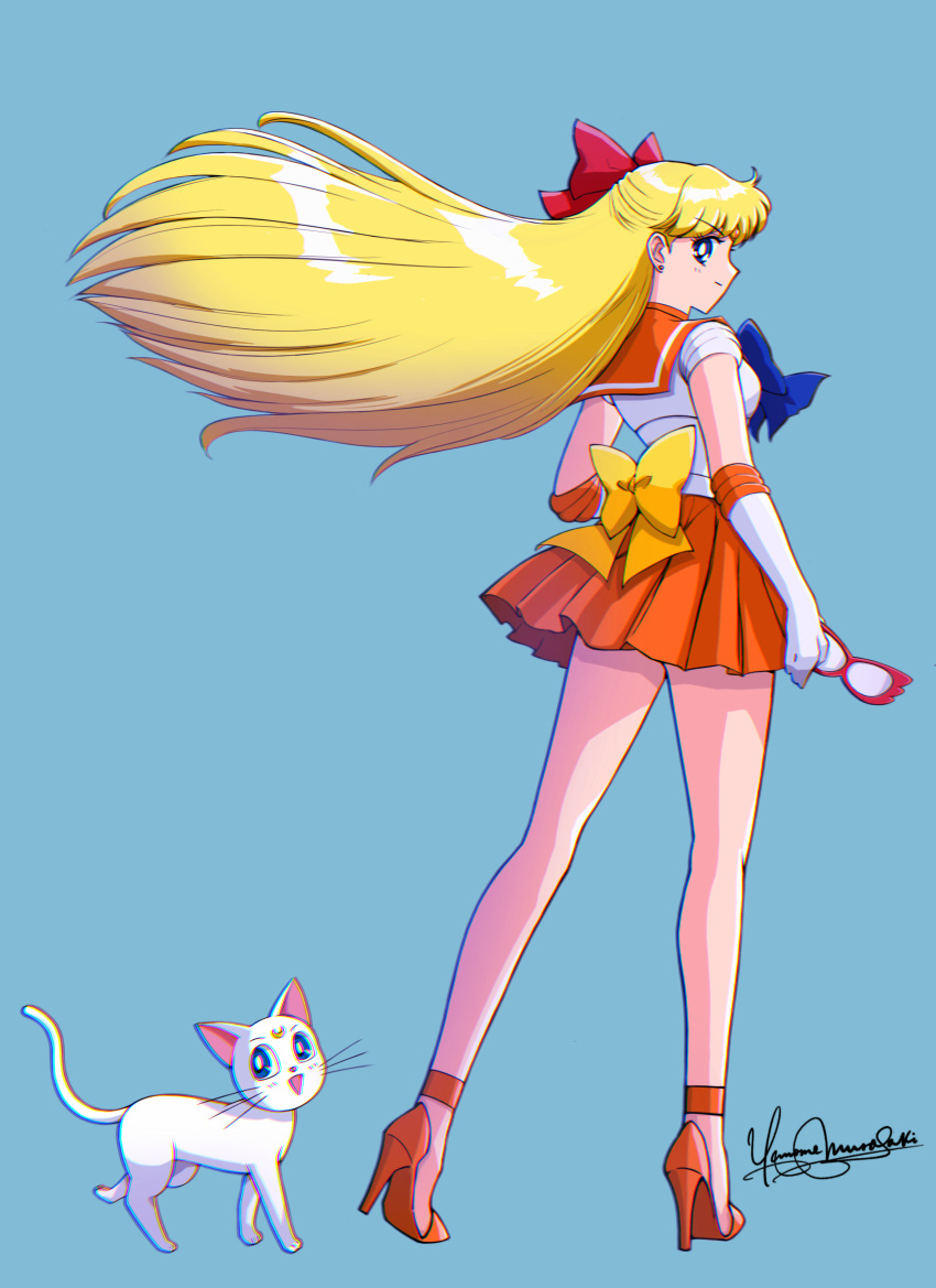 1girl absurdres aino_minako artemis_(sailor_moon) back_bow bishoujo_senshi_sailor_moon blonde_hair blue_bow blue_bowtie blue_eyes bow bowtie brooch cat choker circlet collar crescent dj_jdite domino_mask earrings elbow_gloves facial_mark gloves hair_bow high_heels highres jewelry long_hair mask mask_removed miniskirt orange_choker orange_collar orange_footwear orange_gemstone orange_skirt pleated_skirt red_bow sailor_venus shirt short_sleeves skirt stud_earrings white_gloves white_shirt yellow_bow