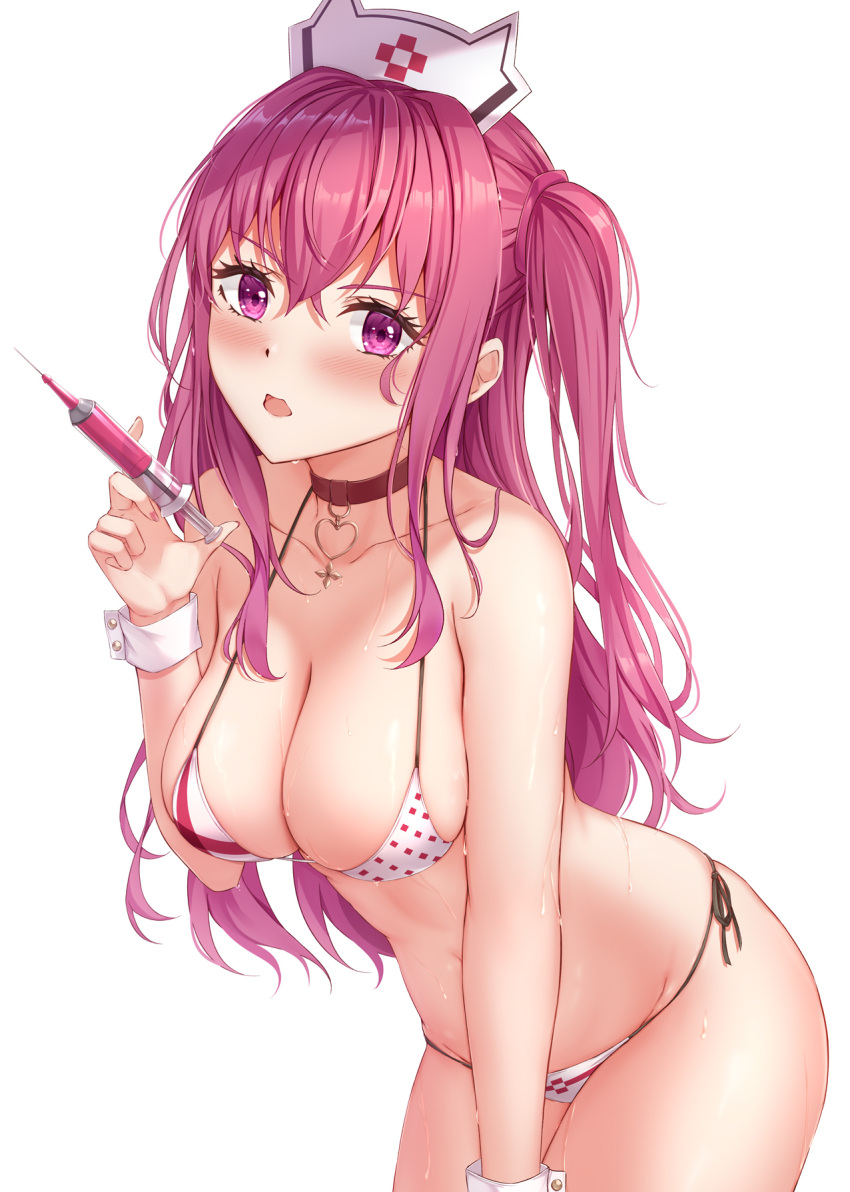 1girl bare_shoulders bikini blush breasts goddess_of_victory:_nikke hair_between_eyes hat highres holding holding_syringe large_breasts leaning_forward muwa12 pepper_(nikke) pepper_(ocean_vitamin)_(nikke) pink_eyes pink_hair side_ponytail simple_background swimsuit syringe thighs wet white_background white_bikini white_headwear