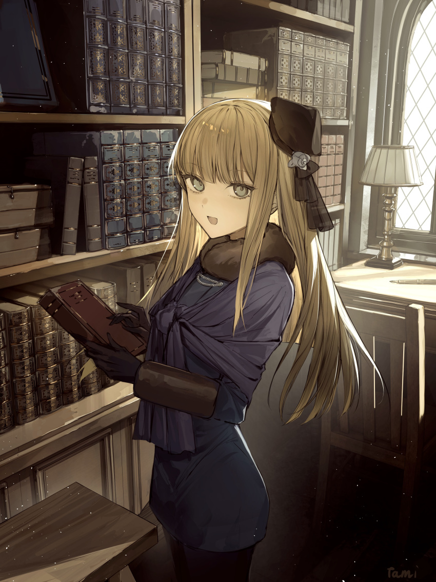 1girl :d absurdres artist_name beret black_gloves black_headwear blonde_hair blue_coat book book_stack bookshelf chair coat commentary_request cowboy_shot desk desk_lamp fate_(series) fur_collar gloves grey_eyes grey_flower grey_rose hat highres holding holding_book indoors lamp long_hair long_sleeves looking_at_viewer lord_el-melloi_ii_case_files open_mouth purple_shawl reines_el-melloi_archisorte shawl smile solo tamitami tilted_headwear window