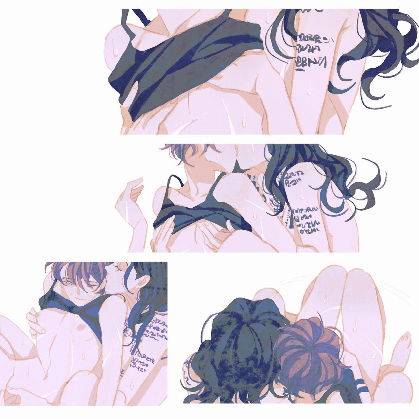 2girls arm_tattoo black_camisole bottomless breasts brown_hair camisole closed_eyes grabbing grabbing_another's_breast highres kiss long_hair luoman19921 multiple_girls nipple_tweak nipples original short_hair simple_background small_breasts sweat tattoo white_background yuri