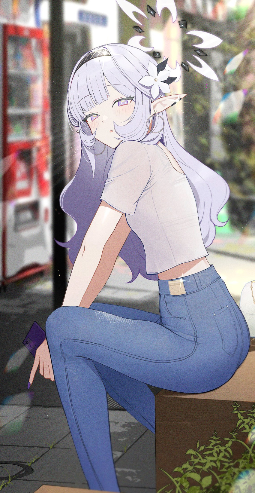 1girl alternate_costume black_hairband blue_archive blue_pants cellphone day denim earrings grey_hair hairband halo highres himari_(blue_archive) holding holding_phone jewelry long_hair looking_at_viewer outdoors pants parted_lips phone pointy_ears purple_eyes purple_halo shirt short_sleeves smartphone solo striped striped_hairband white_shirt zanya_000