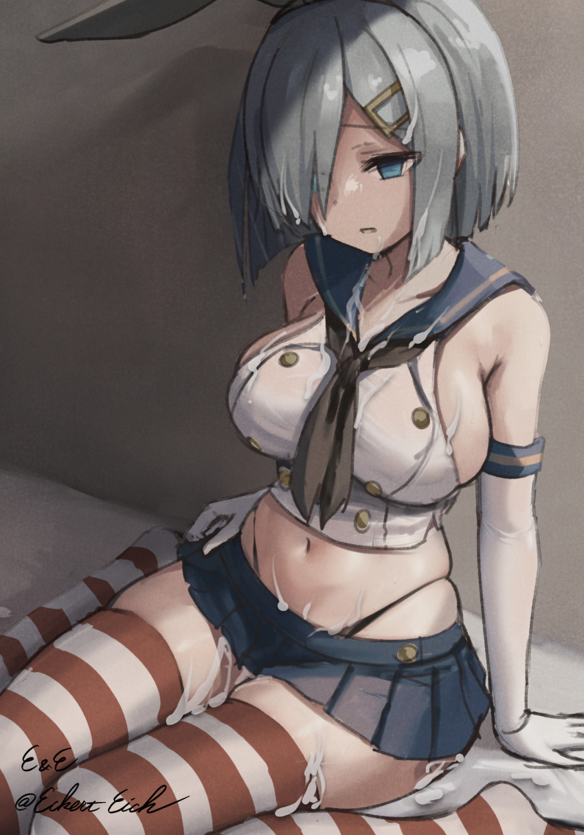 1girl black_panties blue_eyes blue_neckerchief blue_sailor_collar blue_skirt bob_cut breasts buttons collared_shirt commentary_request cosplay crop_top cum cum_on_body cum_on_breasts cum_on_clothes cum_on_legs detached_sleeves double-breasted eckert&amp;eich elbow_gloves empty_eyes facial gloves grey_hair hair_ornament hair_over_one_eye hairband hairclip hamakaze_(kancolle) highleg highleg_panties highres kantai_collection large_breasts medium_hair microskirt midriff muted_color neckerchief one-hour_drawing_challenge panties parted_lips pleated_skirt sailor_collar sash school_uniform serafuku shimakaze_(kancolle) shimakaze_(kancolle)_(cosplay) shirt sideboob sitting skindentation skirt sleeveless sleeveless_shirt solo striped striped_thighhighs thighhighs undersized_clothes underwear wariza white_gloves zettai_ryouiki