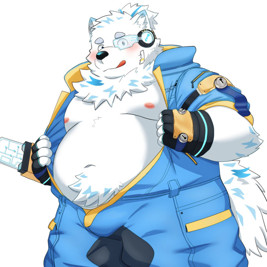 anthro belly blue_clothing blue_eyes blush canid canine canis clothing domestic_dog fingerless_gloves fur gloves handwear hi_res jumpsuit lifewonders live_a_hero male mammal moobs navel nipples nordic_sled_dog overweight presenting_belly ruoain samoyed scouter solo spitz superhero undressing white_body white_fur yohack