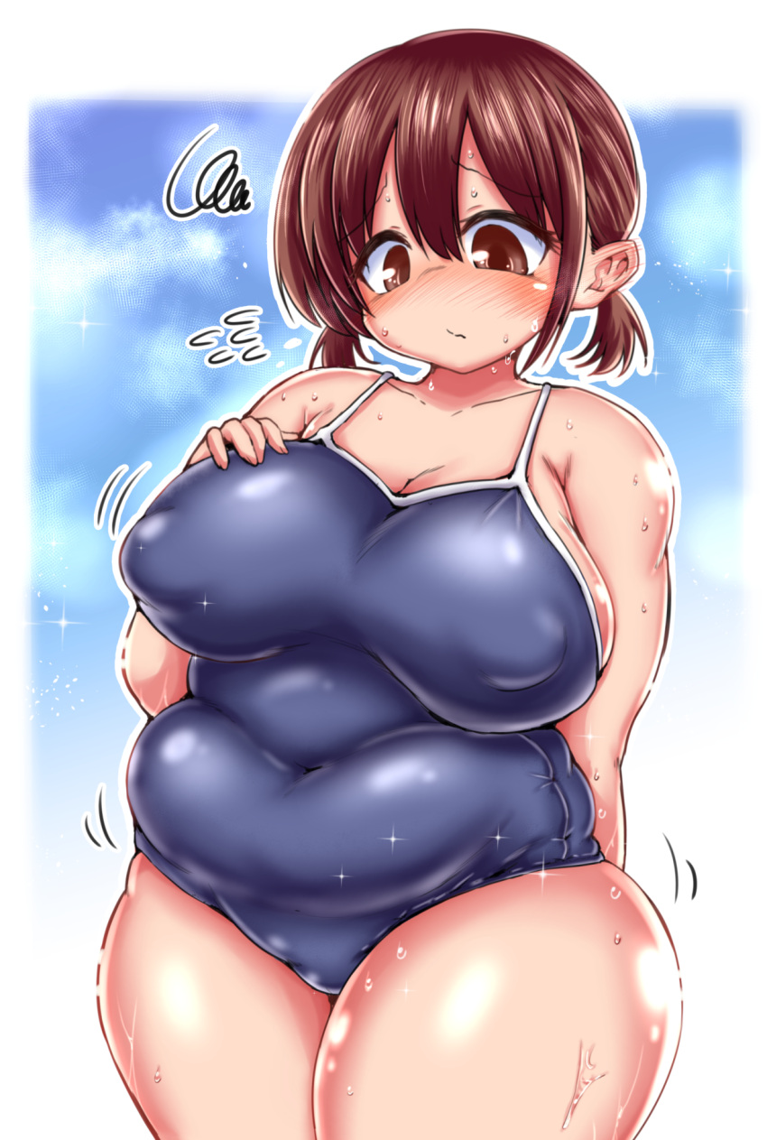 1girl arm_behind_back blue_background blue_sky blurry blurry_background blush boku_no_kokoro_no_yabai_yatsu border breasts brown_eyes brown_hair closed_mouth cloud cloudy_sky collarbone covered_navel covered_nipples cowboy_shot day hair_between_eyes hara_honoka highres large_breasts medium_hair omochi_201 one-piece_swimsuit outdoors outline outside_border plump puffy_nipples school_swimsuit sky solo sparkle squiggle sweat swimsuit tareme thick_thighs thighs white_border white_outline