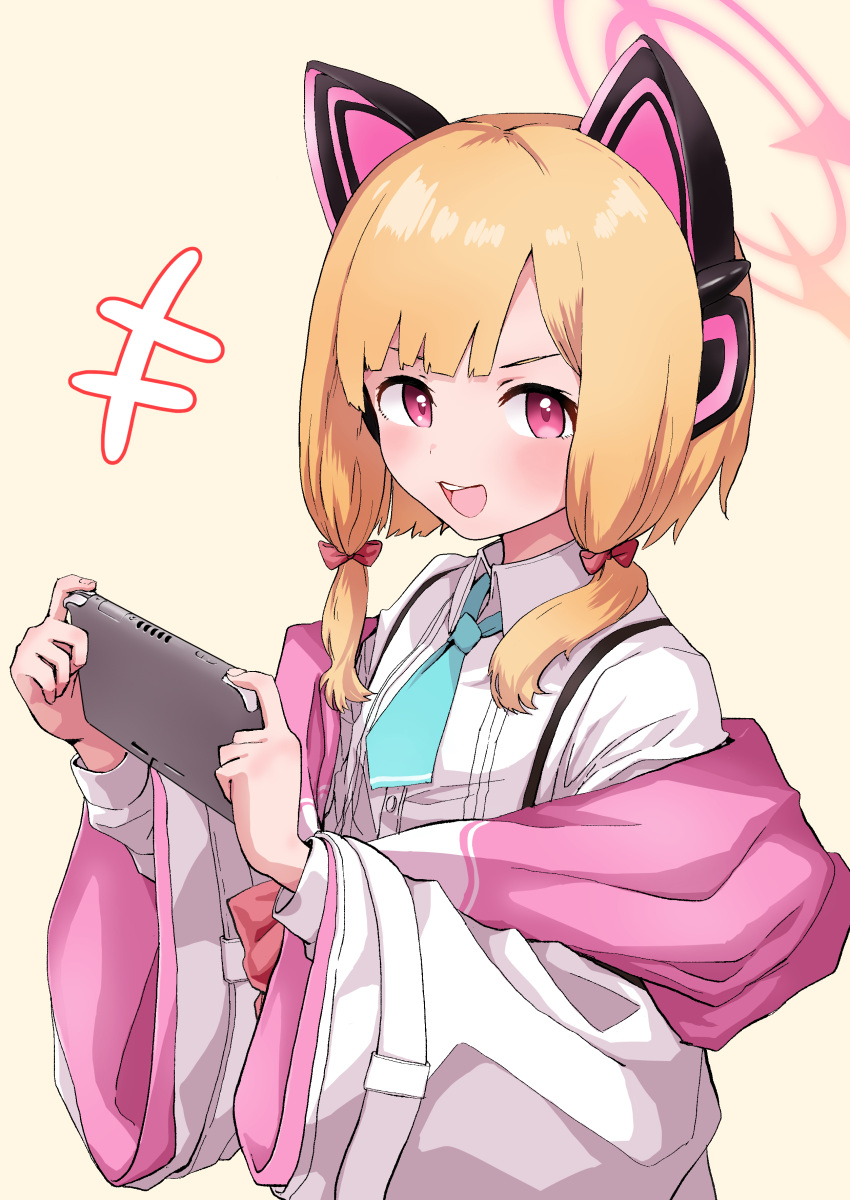 1girl :d absurdres animal_ear_headphones animal_ears aqua_necktie blonde_hair blue_archive bow cat_ear_headphones commentary_request fake_animal_ears hair_bow hakurou_hokuto halo handheld_game_console headphones highres holding holding_handheld_game_console jacket long_sleeves looking_at_viewer momoi_(blue_archive) necktie open_mouth pink_eyes pink_halo red_bow revision shirt short_hair simple_background smile solo teeth upper_teeth_only white_jacket white_shirt yellow_background