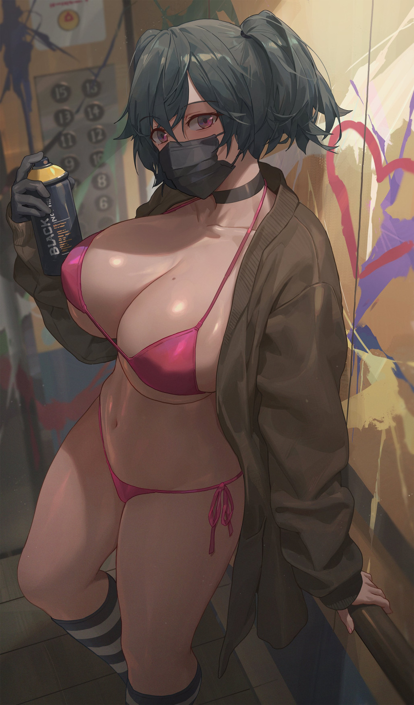 1girl absurdres bikini black_choker black_gloves black_hair breasts brown_coat choker cleavage coat collarbone commentary covered_mouth english_commentary free_style_(yohan1754) gloves highres kneehighs large_breasts long_sleeves looking_at_viewer mask mole mole_on_breast mouth_mask navel open_clothes open_coat original pink_bikini purple_eyes side-tie_bikini_bottom socks solo spray_can stomach striped striped_socks swimsuit thighs underboob