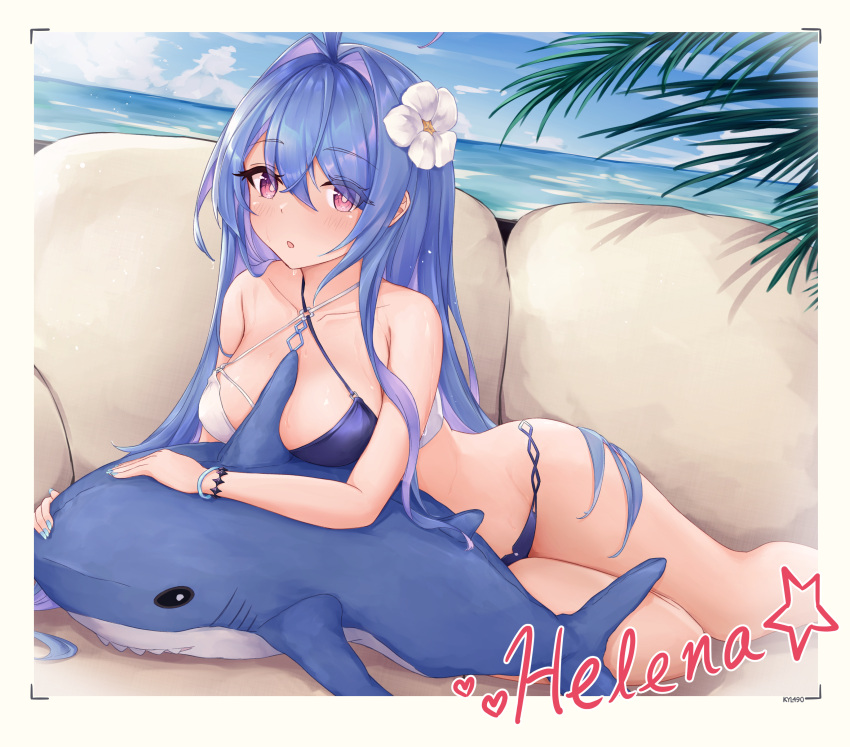 1girl :o absurdres azur_lane beach between_breasts bikini blue_hair blue_nails blush breasts character_name day flower groin hair_between_eyes hair_flower hair_ornament helena_(azur_lane) helena_(shimmering_triangle_wave)_(azur_lane) highres hip_focus inflatable_shark inflatable_toy kyl490 large_breasts leaning_on_object long_hair looking_at_viewer lying medium_breasts nail_polish ocean on_side on_stomach open_mouth outdoors palm_tree purple_eyes signature solo staring swimsuit thighs tree two-tone_bikini very_long_hair wet wet_bikini wet_clothes wet_hair wet_swimsuit white_flower