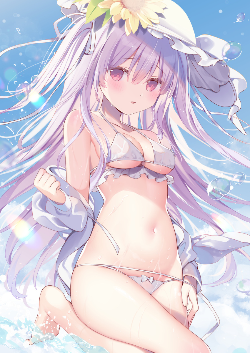 1girl ame_usari barefoot bikini blue_sky bow bow_bikini breasts cleavage commentary_request day flower hat hat_flower highres long_hair looking_at_viewer medium_breasts navel original outdoors parted_lips purple_hair red_eyes sky solo sunflower swimsuit two_side_up very_long_hair water_drop white_bikini white_headwear yellow_flower