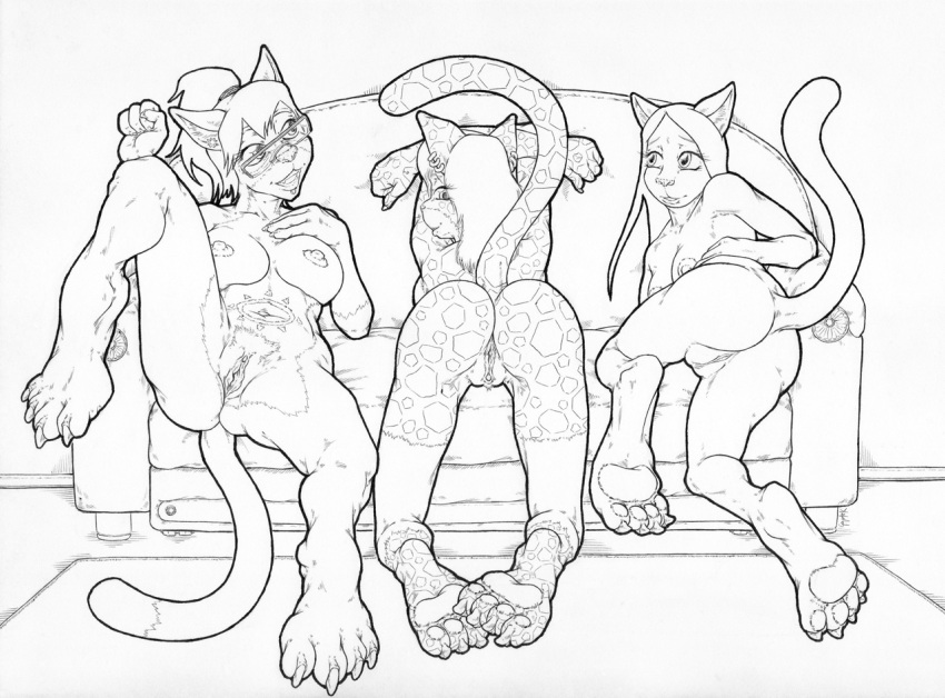 2023 age_difference all_fours anthro areola belly_tattoo big_breasts biped black_and_white breasts butt claws clitoris coyotek daughter_(lore) digitigrade domestic_cat ear_piercing ear_ring eye_contact eyewear eyewear_only facial_piercing felid feline felis female furniture genitals geno_e._vefa_(coyotek) glasses glasses_only group hair inside line_art lip_piercing long_hair looking_at_another looking_at_viewer looking_back looking_back_at_viewer lying lying_on_sofa mammal mature_female monochrome mother_(lore) mother_and_child_(lore) mother_and_daughter_(lore) nika_(coyotek) nipples nude older_female on_back on_side on_sofa open_mouth parent_(lore) parent_and_child_(lore) parent_and_daughter_(lore) pawpads piercing ponytail presenting presenting_hindquarters presenting_pussy pussy raised_leg raised_tail ring_piercing small_breasts sofa spots spotted_body sun_(coyotek) tail tattoo toe_claws trio younger_female