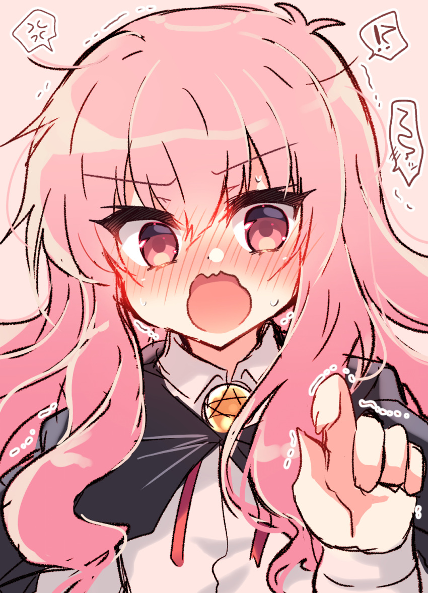 ! !? 1girl angry black_cape blush cape collared_shirt commentary embarrassed eyelashes eyes_visible_through_hair full-face_blush hair_between_eyes hand_up highres long_hair long_sleeves looking_at_viewer louise_francoise_le_blanc_de_la_valliere open_mouth pink_background pink_eyes pink_hair shirt sidelocks simple_background solo spoken_blush spoken_exclamation_mark star_(symbol) star_print straight-on suzunone_rena sweat trembling upper_body wavy_hair wavy_mouth white_shirt zero_no_tsukaima