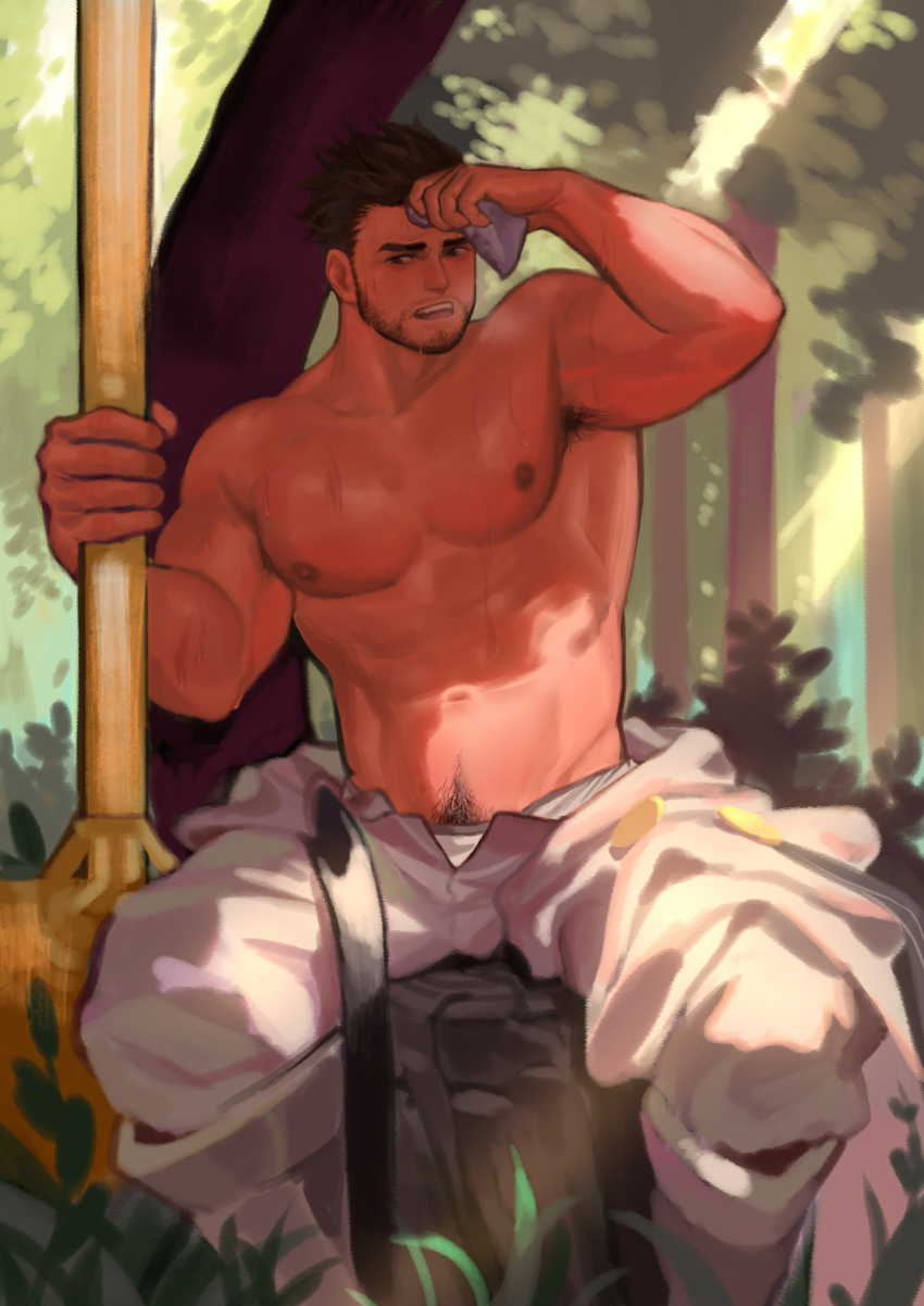 1boy abs absurdres armpit_hair baimeme bara beard black_hair breath clothes_down dungeon_and_fighter facial_hair feet_out_of_frame forest grass hair_slicked_back highres large_pectorals male_focus male_priest_(dungeon_and_fighter) male_underwear male_underwear_peek mature_male monk_(dungeon_and_fighter) muscular muscular_male mustache_stubble nature nipples overalls pectorals planted priest_(dungeon_and_fighter) short_hair sitting solo stomach sunlight thick_eyebrows topless_male tree underwear very_sweaty white_overalls wiping_sweat