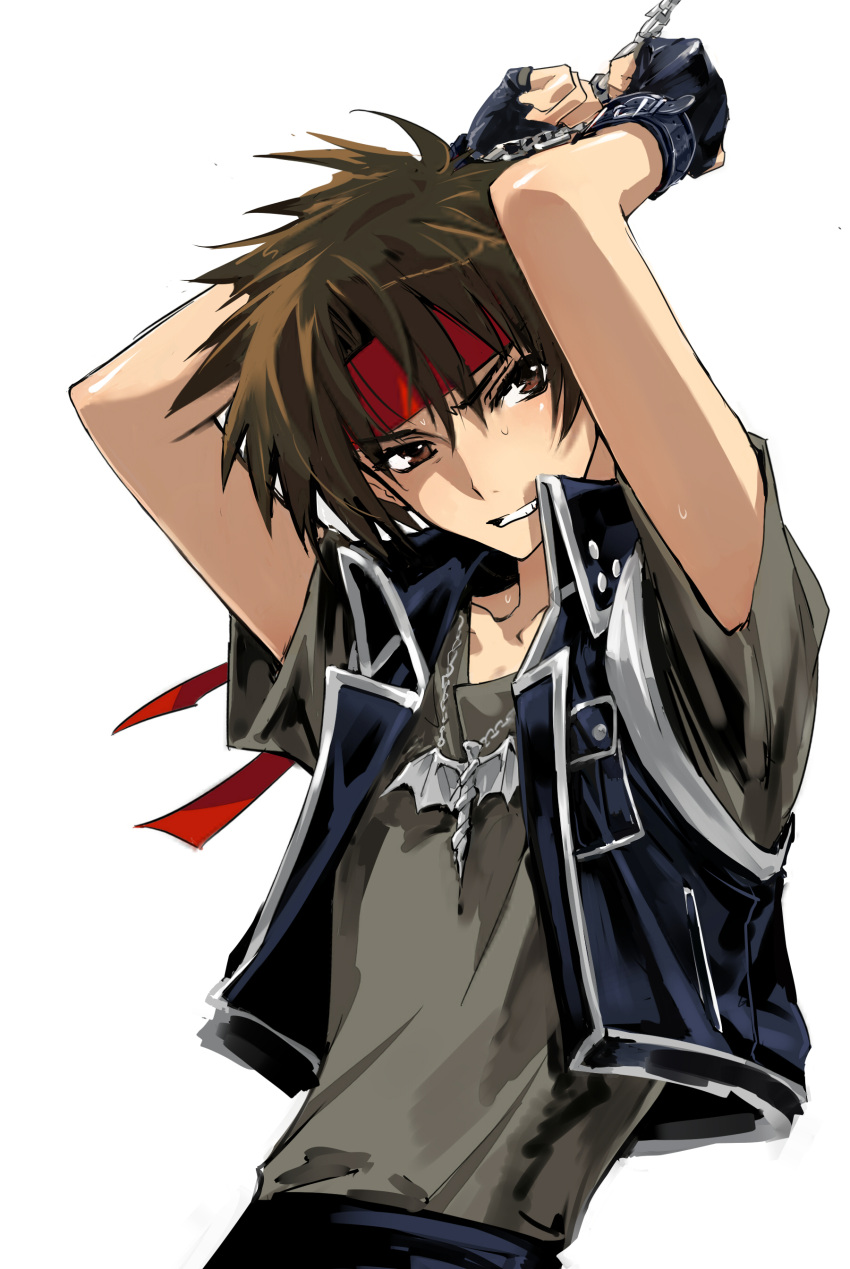 1boy absurdres blue_vest brown_eyes brown_hair brown_shirt clenched_teeth cropped_vest cuffs handcuffs headband highres jewelry looking_at_viewer majutsushi_orphen male_focus necklace orphen red_headband shirt short_hair short_sleeves simple_background solo teeth torichikushou upper_body vest white_background