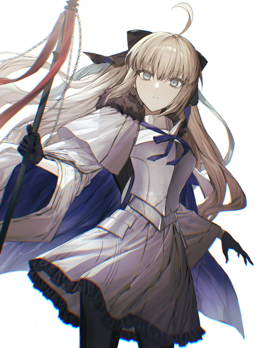 1girl ahoge black_bow black_fur black_gloves black_pantyhose blue_eyes blue_hair blue_ribbon bow cape closed_mouth dress fate/grand_order fate_(series) fur_trim gloves hair_bow highres holding holding_staff long_sleeves looking_at_viewer pantyhose red_ribbon ribbon staff tamitami tonelico_(fate) tonelico_(second_ascension)_(fate) twintails white_background white_cape white_dress
